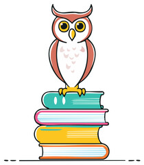 Obraz premium Cartoon owl perched atop a stack of colorful books, educational illustration