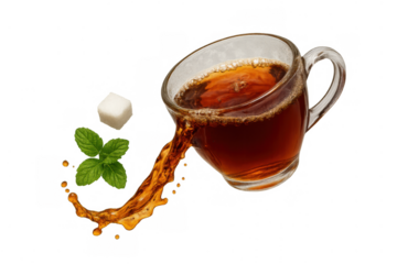 Tea beverage pouring from glass cup with green mint leaves and sugar cube, splash of fresh drink