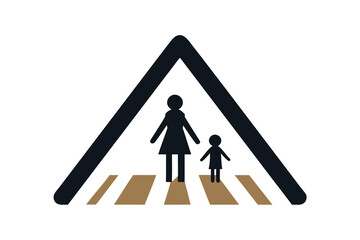 Stylized mother and child cross tan zebra crossing under road sign on white background