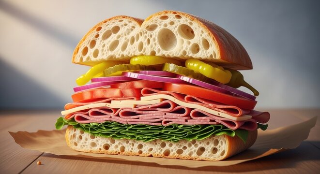 Gourmet deli sandwich with fresh ingredients. Layered ciabatta with ham, cheese, and vegetables. Artisan lunch meal for a restaurant menu. Quick takeaway food concept for catering