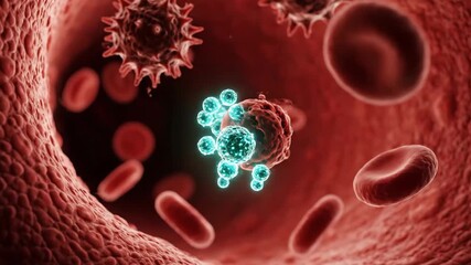 Microscopic view of blood vessel with circulating blood cell, virus, and bacteria. Medical biology and scientific research concept. - Powered by Adobe