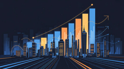 City skyline with rising bar graph and data lines at night cityscape dark