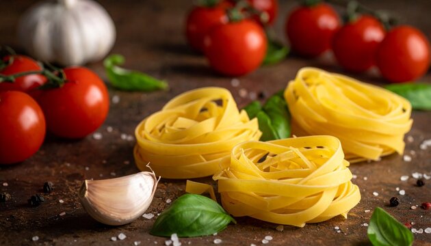 Macro of Pasta Ingredients. Close-up of uncooked pasta, cherry tomatoes, garlic, and basil leaves. Cooking Close Up Shot - Powered by Adobe