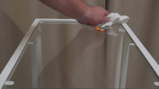 Satisfying Squeak: Hand Vigorously Wipes Glass Tabletop Clean at Home.