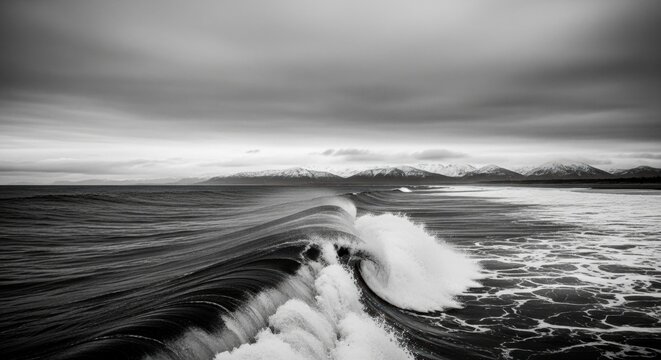 Powerful ocean wave breaking in monochrome. Dramatic seascape with snow capped mountains. Conceptual nature scene representing force and challenge. Raw untamed arctic wilderness
