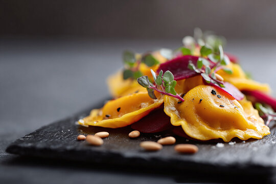 Gourmet ravioli pasta dish on slate. Food photography for culinary blogs, menu design, and restaurant promotions. Fresh, elegant, and visually appealing. - Powered by Adobe