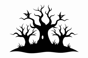 Halloween tree black icon, Spooky tree silhouette art
