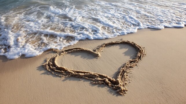 A heart shape created in the sand lies on a beach as soft waves gently lap at the shoreline. The setting sun casts warm hues, enhancing the romantic scene. - Powered by Adobe