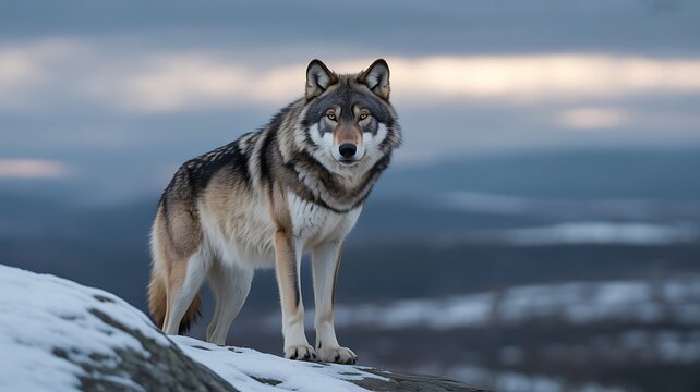 A wolf stands on a snowy ridge overlooking a blurred landscape