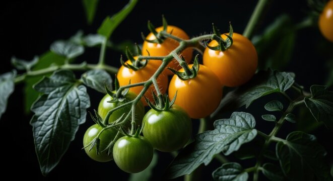 Ripe yellow and green cherry tomatoes on a vine. Organic garden harvest concept. Fresh produce for healthy eating and farm to table lifestyle. Natural agriculture and food cultivation - Powered by Adobe