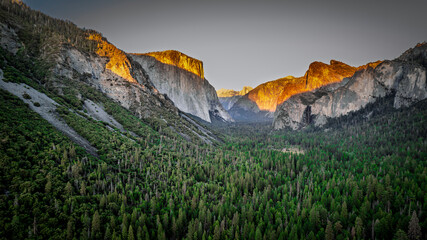 Dramatic Yosemite Valley landscape at sunrise. Golden light illuminates granite cliffs amidst lush evergreen forests. Stunning mountain vista. High resolution.