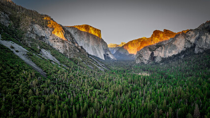 Dramatic Yosemite Valley landscape at sunrise. Golden light illuminates granite cliffs amidst lush evergreen forests. Stunning mountain vista. High resolution.