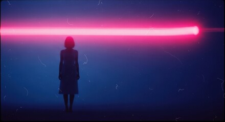 Female silhouette standing in a dark void. A vibrant pink neon light beam creating a futuristic glow. Retro synthwave aesthetic with cinematic film grain. Conceptual art for technology