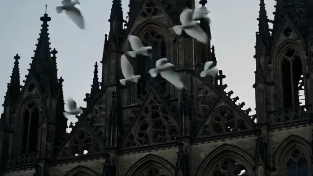 An intricate Gothic cathedral with spires and ornamentation on the shore of a lake with a mysterious atmosphere