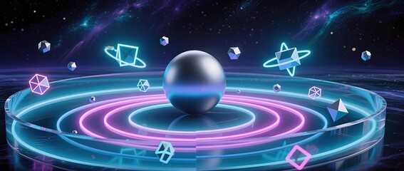 Abstract digital illustration featuring a glowing sphere surrounded by geometric shapes and vibrant neon rings, creating a futuristic cosmic atmosphere with captivating visual effects
