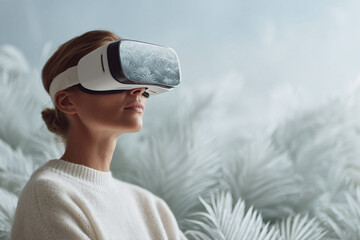Woman immersed in virtual reality. Stylish VR headset. Conceptual image of future tech, digital world, immersive experience. Innovation, metaverse, simulation.