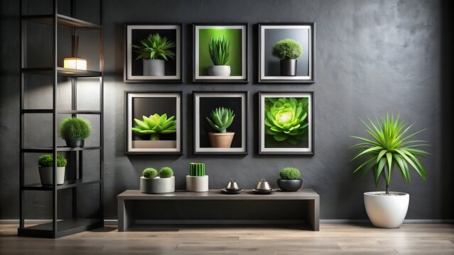 Stylish living room with plants, pictures, shelf and wooden floor