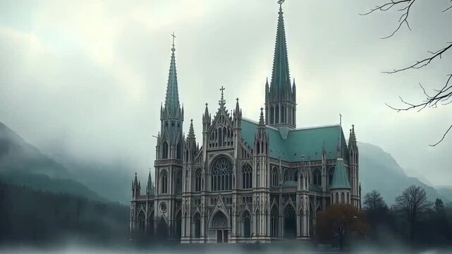An intricate Gothic cathedral with spires and ornamentation on the shore of a lake with a mysterious atmosphere