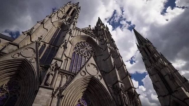 An intricate Gothic cathedral with spires and ornamentation on the shore of a lake with a mysterious atmosphere