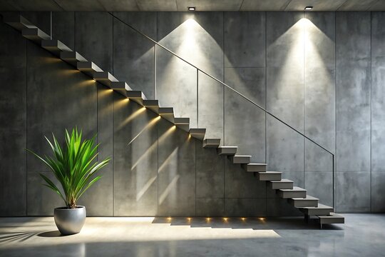 Modern concrete staircase with plant in pot and spotlights illuminating it