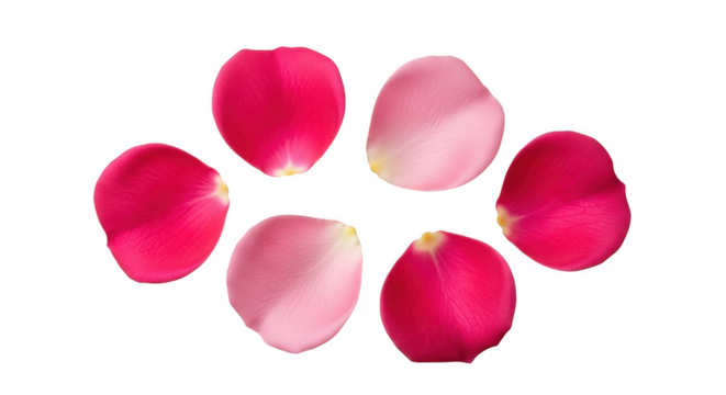 Six vibrant rose petals arranged in a circle on a black background