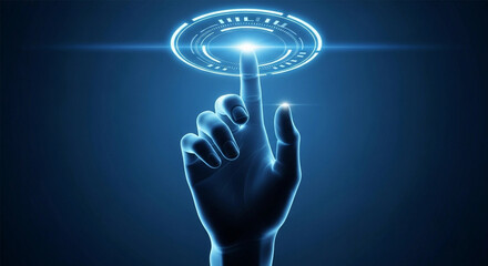 A hand touching a glowing interface with a circular design on a dark blue background technology concept
