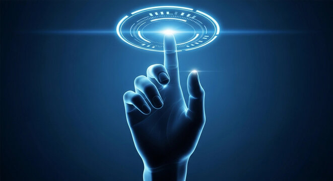 A hand touching a glowing interface with a circular design on a dark blue background technology concept