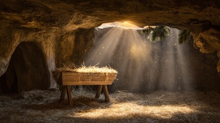 A serene portrayal of a humble manger, illuminated by divine light, evoking a sense of reverence and peace. ..Created with Generative AI, not depicting real subjects.