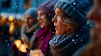 Obraz premium Choir singing carols by lantern light in snowy street, caroling, choir, community, music, snow, tradition, with copy space