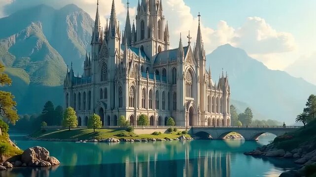 An intricate Gothic cathedral with spires and ornamentation on the shore of a lake with a mysterious atmosphere