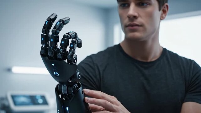 Man adjusts his bionic hand with blue glowing elements. Advanced prosthetic limb and future technology concept for rehabilitation and innovation.