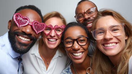 Office photo booth props and colleagues laughing, photo booth, coworker fun, props, celebration, memories, with copy space