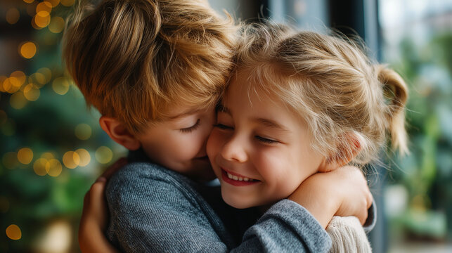 Gift exchange hug between siblings near window light, siblings, gifting, tenderness, family love, candid, with copy space