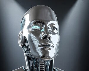 Closeup of a futuristic chrome robot head with glowing blue eye