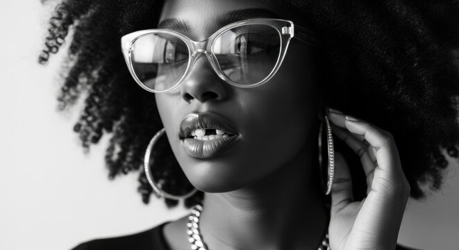 Elegant African female model with afro hair. Stylish cat eye glasses and modern jewelry. High contrast black and white beauty portrait. Celebrating unique beauty with diastema