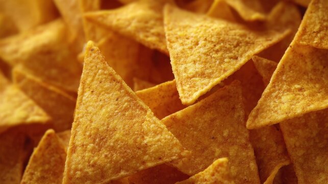 Golden tortilla chips are stacked closely together, showcasing their crispy texture. Ideal for serving with salsa or guacamole at events or casual gatherings.