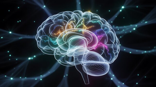 Abstract visualization of a glowing human brain with neural connections