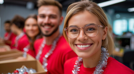 Obraz premium Office volunteer team packing food boxes, giving back, CSR, charity, teamwork, holiday spirit, with copy space