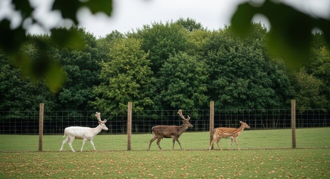 A diverse herd of fallow deer walking in a row. Unique white stag with a brown buck and spotted doe. Animal sanctuary and wildlife conservation concept. Rural nature park scene