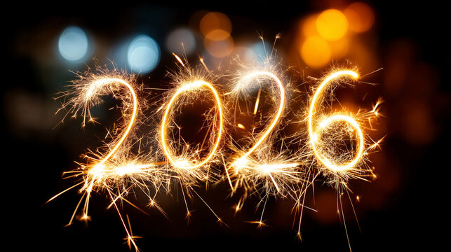 Sparkler long-exposure writing “2026” in backyard, sparklers, night, creative, numbers, celebration, with copy space