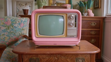 A charming pink vintage television stands on a wooden table in a cozy living room. Surrounding it are floral patterned furniture and nostalgic decorations, evoking a sense of warmth and nostalgia.