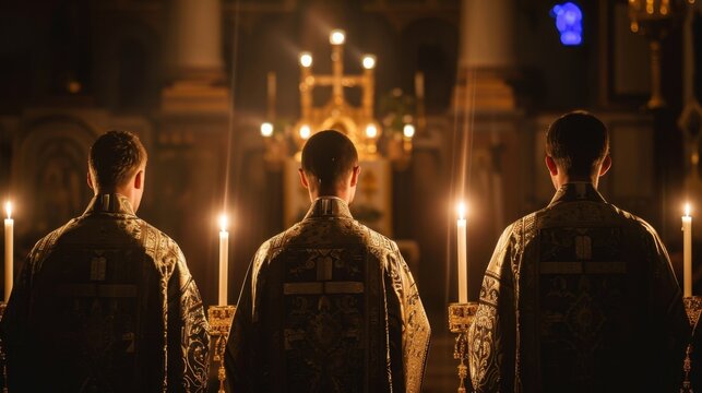 Three male priests in traditional robes stand in a dimly lit church, holding candles. The atmosphere is solemn and reverent, with soft candlelight illuminating the scene.