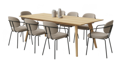 Modern dining set with light wood table and neutral chairs