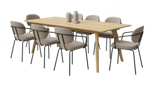 Modern dining set with light wood table and neutral chairs