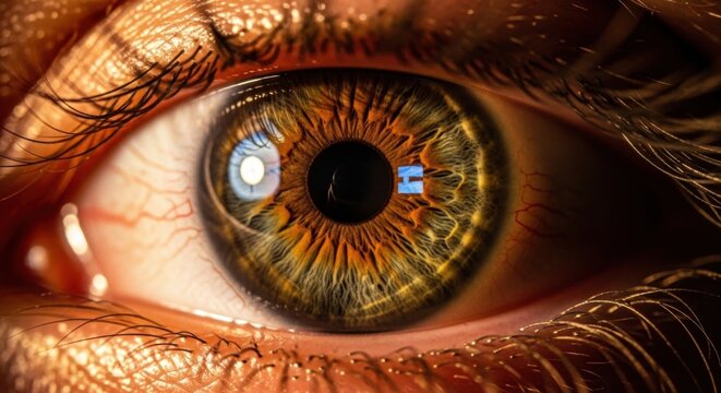 Human eye macro with a digital interface reflection. Biometric scanning for security and identification. Advanced ophthalmology and vision science. Futuristic technology integration with biology - Powered by Adobe