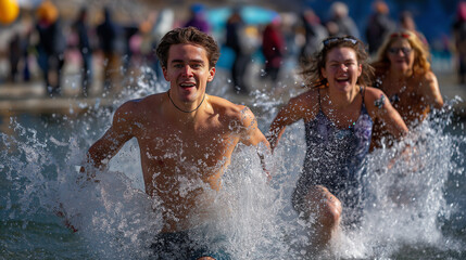 Fototapeta premium New Year’s day polar plunge at lake, cheering crowd, tradition, challenge, cold water, fun, with copy space