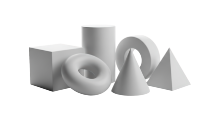 geometric 3D shapes, a torus and a cylinder, white and gray, abstract modern graphics, transparent PNG 4K (ज्यामितीय आकार)