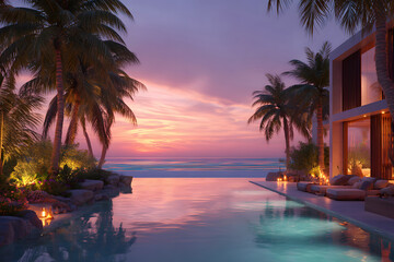 Stunning sunset view from a luxurious villa with an infinity pool by the ocean