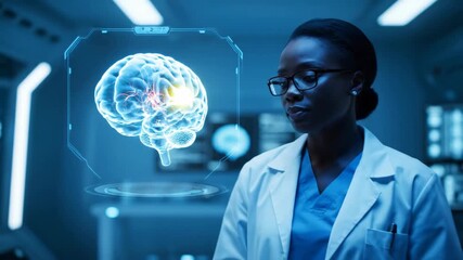 Woman scientist doctor interacting with holographic brain model with problem area. Futuristic medical research, ai diagnostic concept. - Powered by Adobe