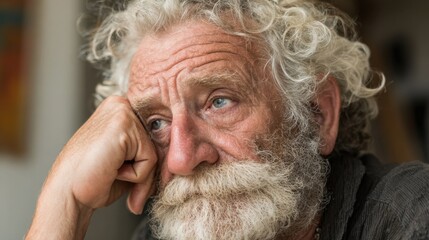An older man with curly white hair and a beard rests his chin on his hand, looking pensive in a warm, inviting living space filled with soft light.